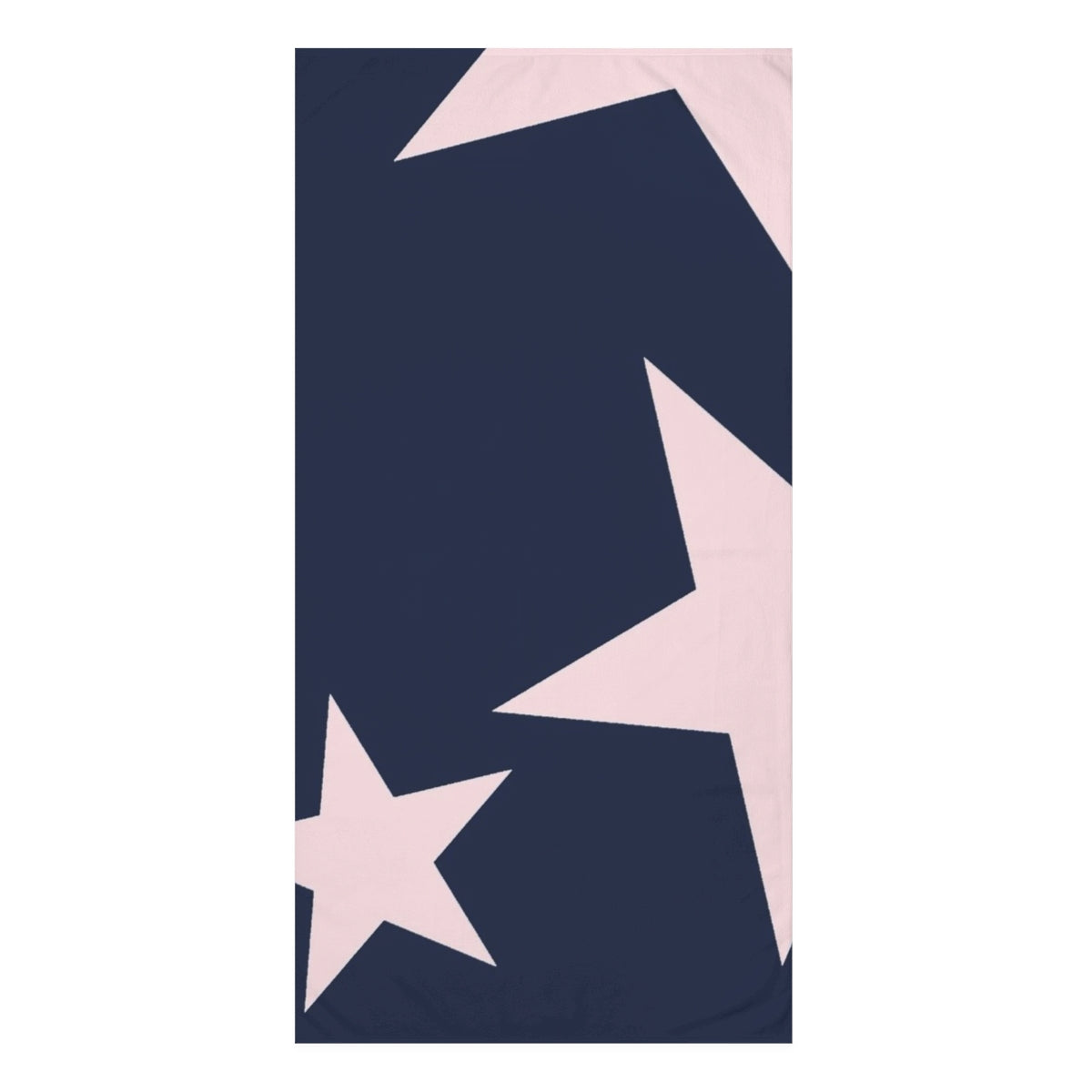 Navy blue towel with pink stars on a white background
